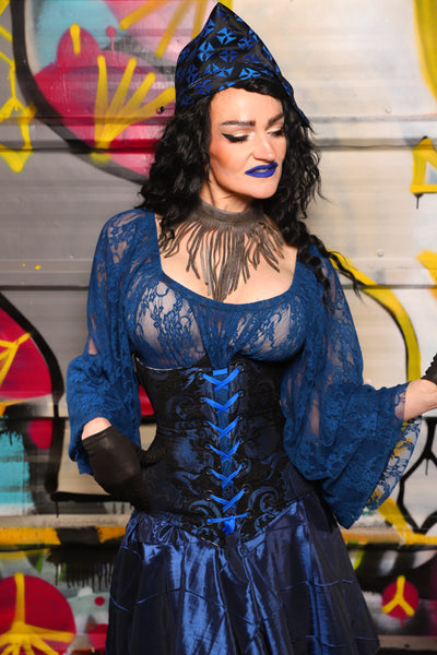 31. Wench Corset in Black and Blue Medallion - The Dark Waters Collection