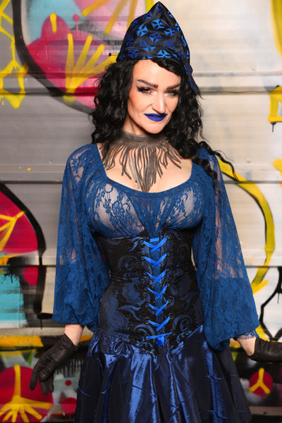 31. Wench Corset in Black and Blue Medallion - The Dark Waters Collection