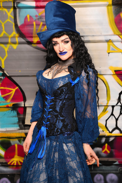 05. Petite Overbust Corset in Black and Blue Medallion w/Voyager Straps - The Dark Waters Collection