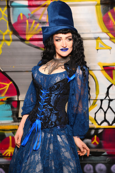 05. Petite Overbust Corset in Black and Blue Medallion w/Voyager Straps - The Dark Waters Collection