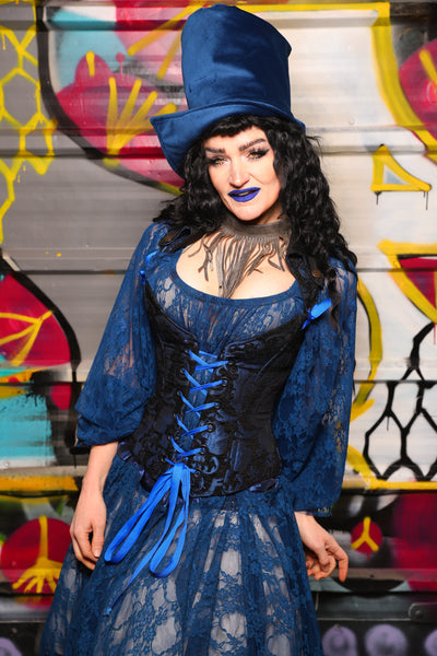 05. Petite Overbust Corset in Black and Blue Medallion w/Voyager Straps - The Dark Waters Collection