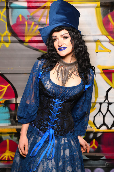 05. Petite Overbust Corset in Black and Blue Medallion w/Voyager Straps - The Dark Waters Collection