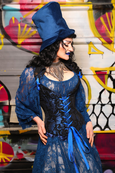 05. Petite Overbust Corset in Black and Blue Medallion w/Voyager Straps - The Dark Waters Collection