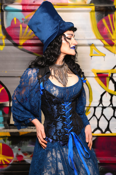05. Petite Overbust Corset in Black and Blue Medallion w/Voyager Straps - The Dark Waters Collection