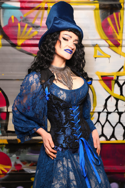05. Petite Overbust Corset in Black and Blue Medallion w/Voyager Straps - The Dark Waters Collection