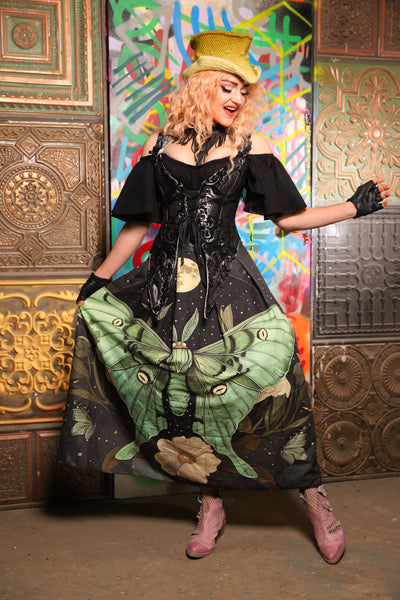 14. Tulip Skirt in Moss Luna Moth w/Electric Green Pintuck - The Sacred Metamorphosis Collection