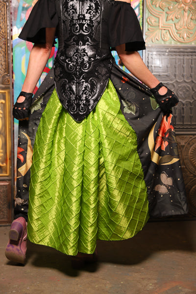 14. Tulip Skirt in Moss Luna Moth w/Electric Green Pintuck - The Sacred Metamorphosis Collection