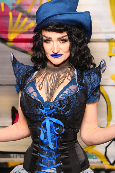 10. Cropped Faerie Overbust in Black and Blue Medallion *Please Order by BUST measurement!* - The Dark Waters Collection