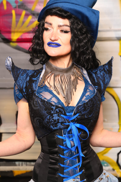 10. Cropped Faerie Overbust in Black and Blue Medallion *Please Order by BUST measurement!* - The Dark Waters Collection