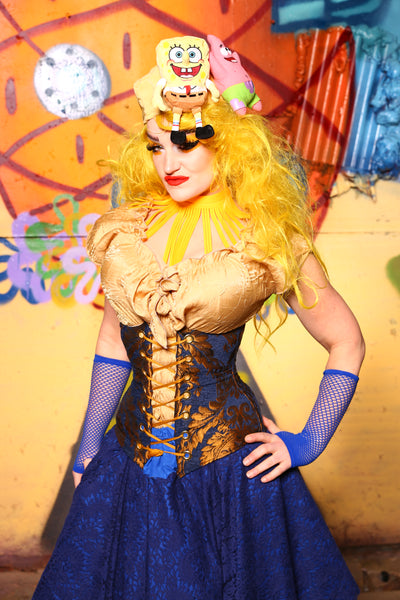 36-Wench Corset in Blue & Gold Grand Medallion  -The Barnacle Blues Collection