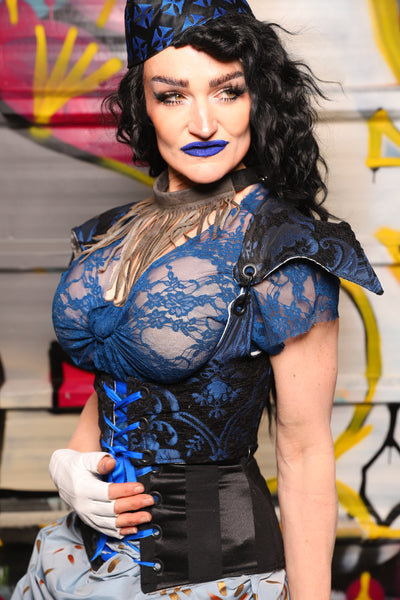 09. Cropped Elf Underbust Corset in Black and Blue Medallion - The Dark Waters Collection