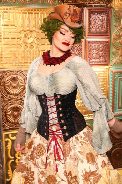 Wench Corset In Black Brushstroke w/Embossed Vine Faux Leather Hip Patch - Day 10 "12 Days of Christmas" 2024