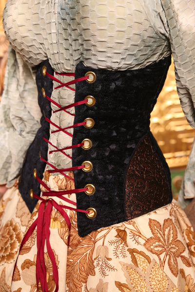 Wench Corset In Black Brushstroke w/Embossed Vine Faux Leather Hip Patch - Day 10 "12 Days of Christmas" 2024