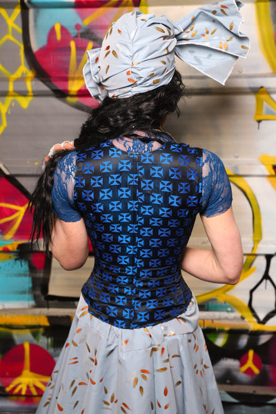 Maiden Petite Bodice Corset in Azure Heraldry/ Blue and Black Medallion - The Dark Waters Collection