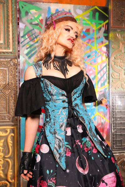 08. Artemis Overbust Corset in Turquoise and Silver Medallion - The Sacred Metamorphosis Collection