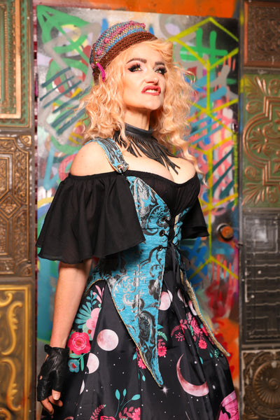08. Artemis Overbust Corset in Turquoise and Silver Medallion - The Sacred Metamorphosis Collection