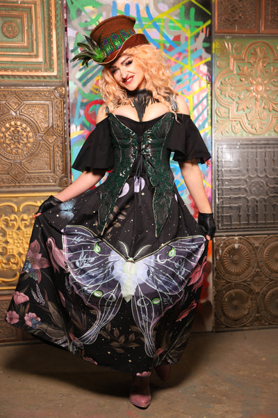 17. Tulip Skirt *39" length*  in Silver Luna Moth w/Black Back  - The Sacred Metamorphosis Collection