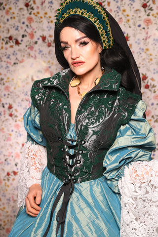 Guinevere II Bodice in Emerald & Silver Medallion - The Tudor Tidings Collection