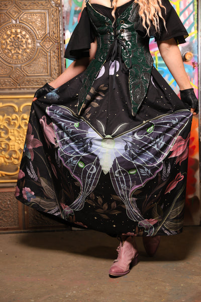 17. Tulip Skirt *39" length*  in Silver Luna Moth w/Black Back  - The Sacred Metamorphosis Collection
