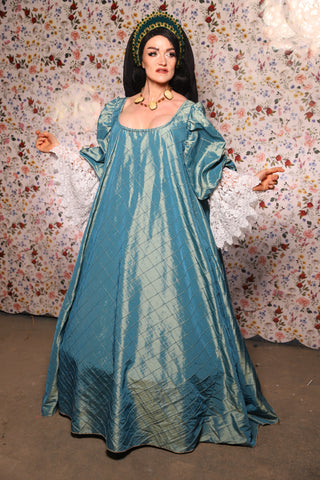 Medieval Gown with Long White Lace Trim in AquaTeal Pintuck - The Tudor Tidings Collection