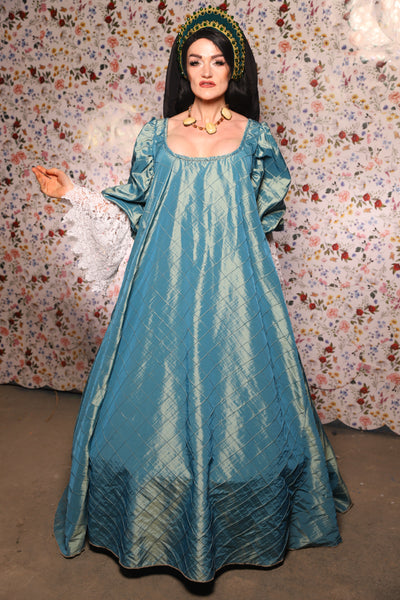 Medieval Gown with Long White Lace Trim in AquaTeal Pintuck - The Tudor Tidings Collection