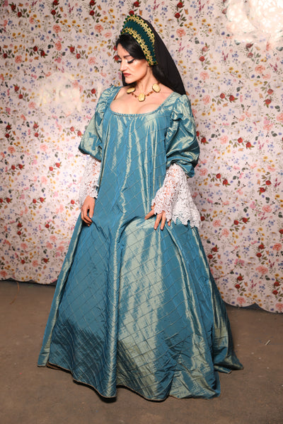 Medieval Gown with Long White Lace Trim in AquaTeal Pintuck - The Tudor Tidings Collection