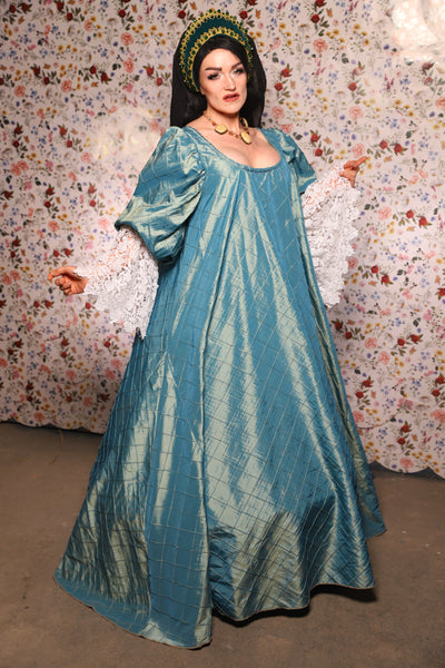 Medieval Gown with Long White Lace Trim in AquaTeal Pintuck - The Tudor Tidings Collection