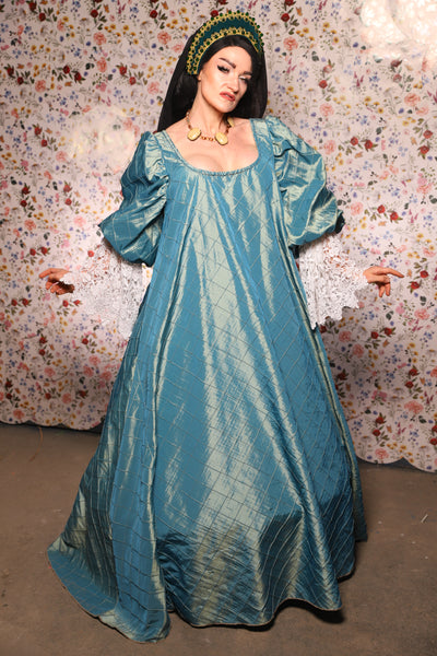 Medieval Gown with Long White Lace Trim in AquaTeal Pintuck - The Tudor Tidings Collection