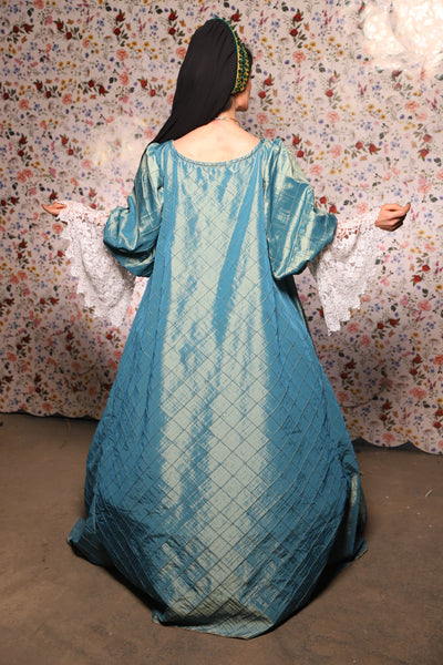 Medieval Gown with Long White Lace Trim in AquaTeal Pintuck - The Tudor Tidings Collection