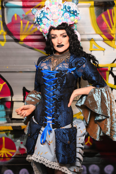 11. Detachable Fluonce Sleeves in Black and Blue Medallion with Moonbeam Pintuck Flounce - The Dark Waters Collection