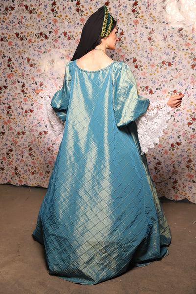 Medieval Gown with Long White Lace Trim in AquaTeal Pintuck - The Tudor Tidings Collection