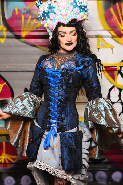 11. Detachable Fluonce Sleeves in Black and Blue Medallion with Moonbeam Pintuck Flounce - The Dark Waters Collection