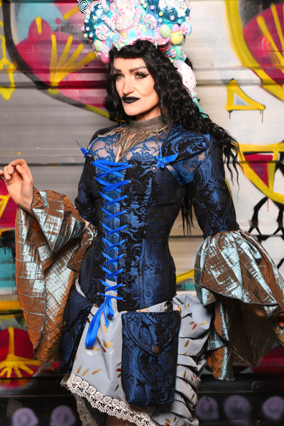 11. Detachable Fluonce Sleeves in Black and Blue Medallion with Moonbeam Pintuck Flounce - The Dark Waters Collection