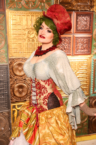 Wench Corset In Gold & Red Filigree WITH Embossed Vine Faux Leather Hip Patch - Day 11  "12 Days of Christmas" 2024