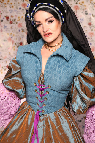 Guinevere II Bodice in Blue Flocked Diamonds - The Tudor Tidings Collection