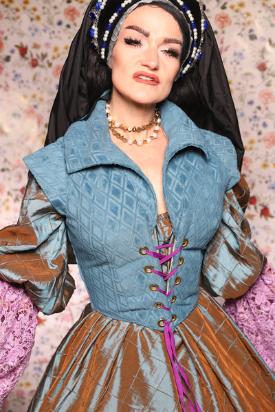 Guinevere II Bodice in Blue Flocked Diamonds - The Tudor Tidings Collection