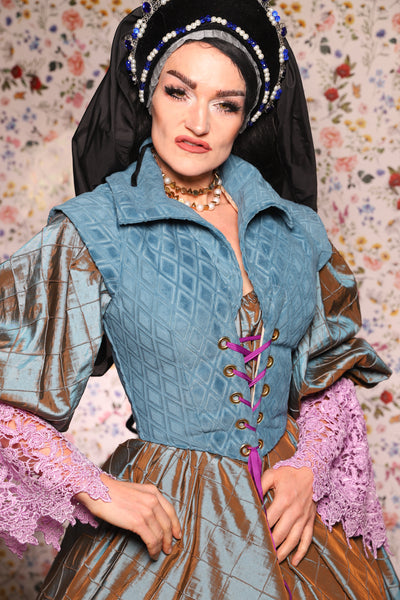 Guinevere II Bodice in Blue Flocked Diamonds - The Tudor Tidings Collection