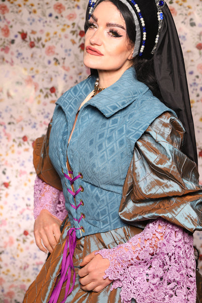 Guinevere II Bodice in Blue Flocked Diamonds - The Tudor Tidings Collection
