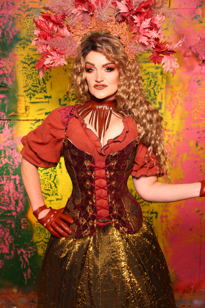 Crossfire Corset in Burgundy and Gold Medallion with Diamond Center Front and Scalloped Suede Straps #14 - Cider & Cinders Collection