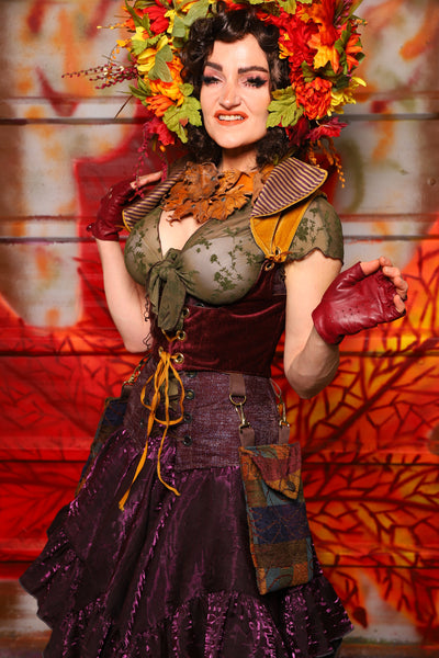 09. Cropped Underbust w/hardware & Winchester Detachable Collar in Plum & Gold Velvet *WITH* Minstrel Patchwork Pockets - The Fall Fabulosity! Collection