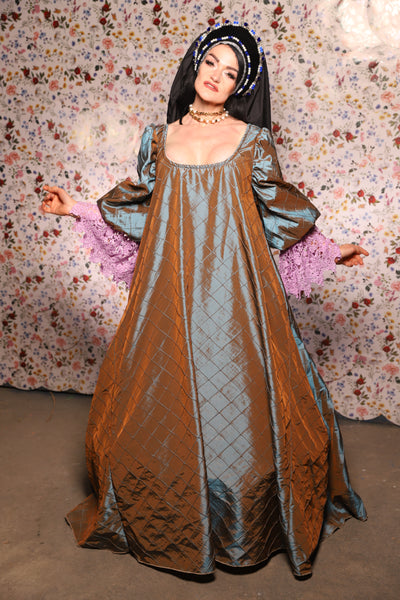 Medieval Gown with Long Lavender Lace Trim in Shadowbeam Pintuck - The Tudor Tidings Collection
