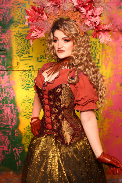 Crossfire Corset in Burgundy and Gold Medallion with Diamond Center Front and Scalloped Suede Straps #14 - Cider & Cinders Collection