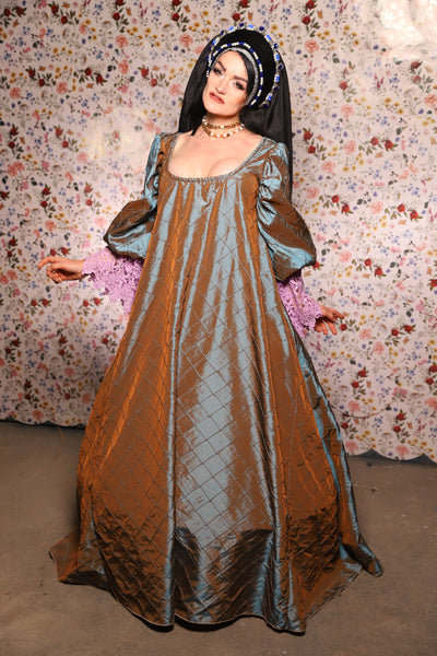 Medieval Gown with Long Lavender Lace Trim in Shadowbeam Pintuck - The Tudor Tidings Collection
