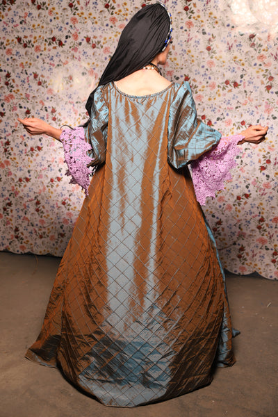 Medieval Gown with Long Lavender Lace Trim in Shadowbeam Pintuck - The Tudor Tidings Collection