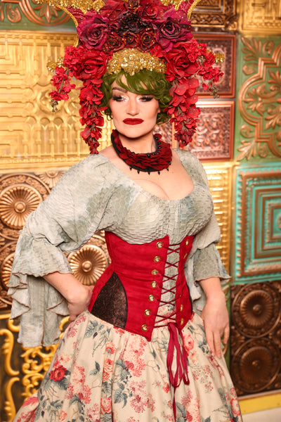 Wench Corset In Bold Red WITH Embossed Vine Faux Leather Hip Patch - Day 11  "12 Days of Christmas" 2024