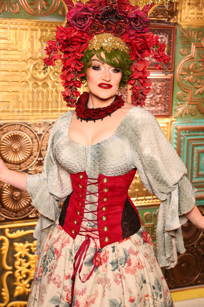 Wench Corset In Bold Red WITH Embossed Vine Faux Leather Hip Patch - Day 11  "12 Days of Christmas" 2024