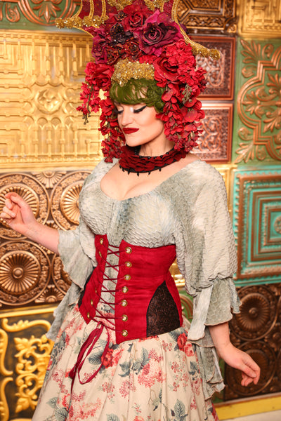 Wench Corset In Bold Red WITH Embossed Vine Faux Leather Hip Patch - Day 11  "12 Days of Christmas" 2024