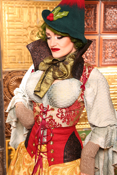 Cropped Vixen*TALL collar* Corset in Red & Gold Filigree *Reverse Fabric on MOST!*- Day 12  "12 Days of Christmas" 2024