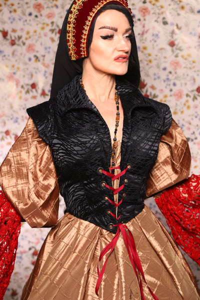 Guinevere II Bodice in Black Tendrils - The Tudor Tidings Collection