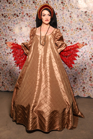 Medieval Gown with Long Red Lace Trim in Carmel Gold Pintuck - The Tudor Tidings Collection